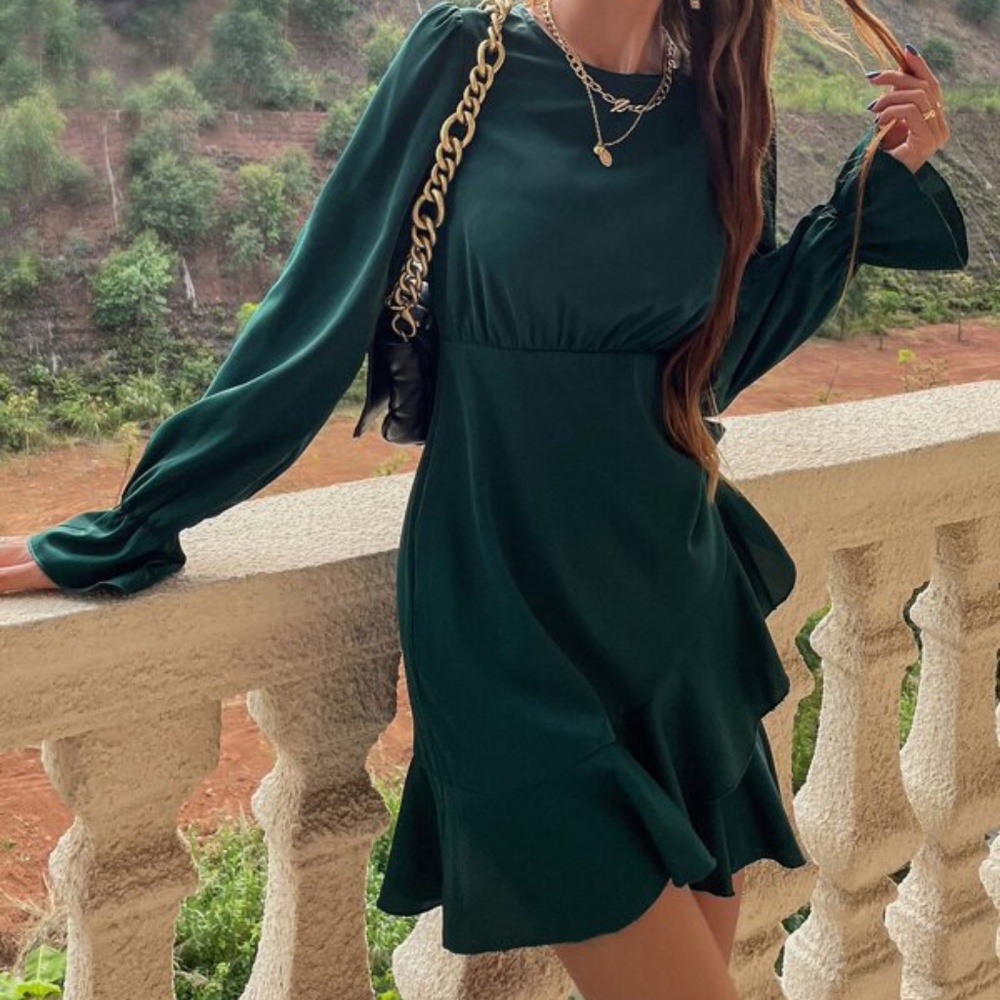 Classic Hunter Green Ruffle Sleeve Satin Party Dress Holiday - Picture 4 of 6